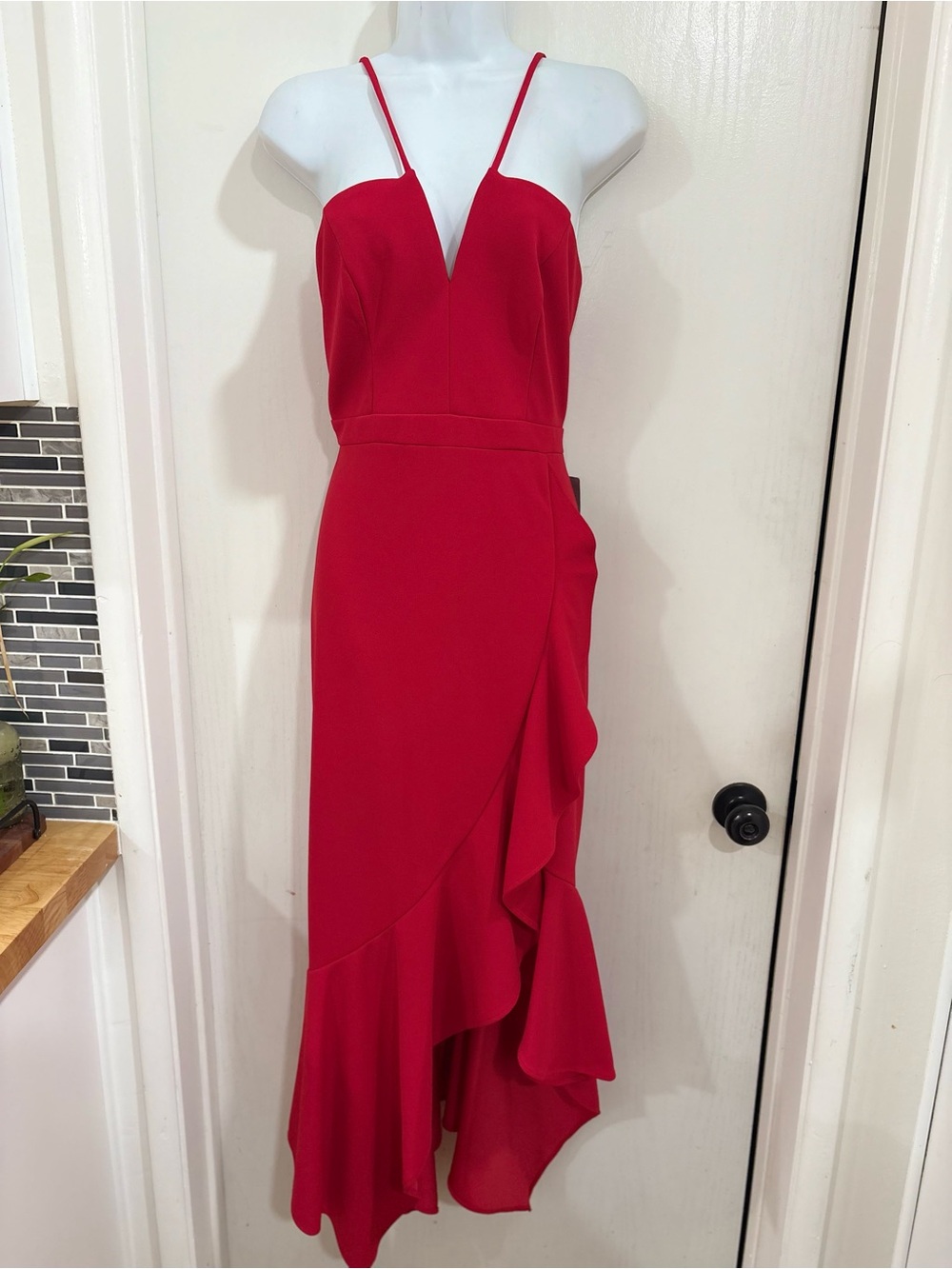 Xscape Red One-Shoulder Ruffle Evening Gown